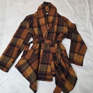 Keren Hart Plaid Asymmetrical Wrap Cardigan Women's Large Wool Blend Brown EUC